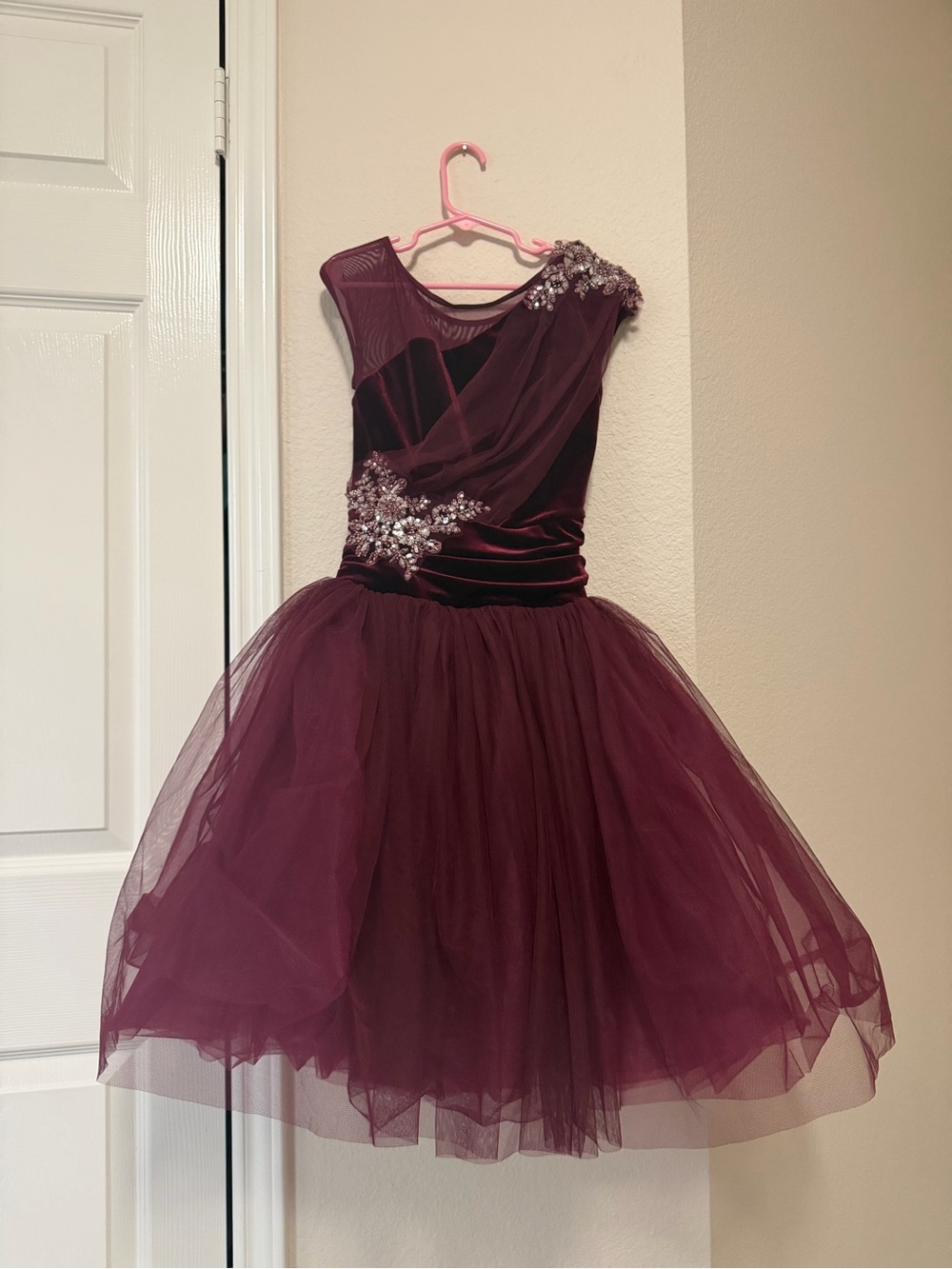 Weissman Burgundy Velvet & Tulle Formal Dress with Beaded Appliqué